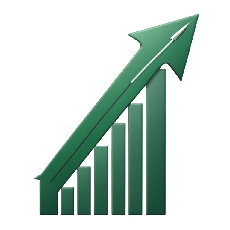 growth chart with white bars with dark green shadows and details, dark green arrow, minimalism, iOS emoji style, no smileys or faces, white background emoji