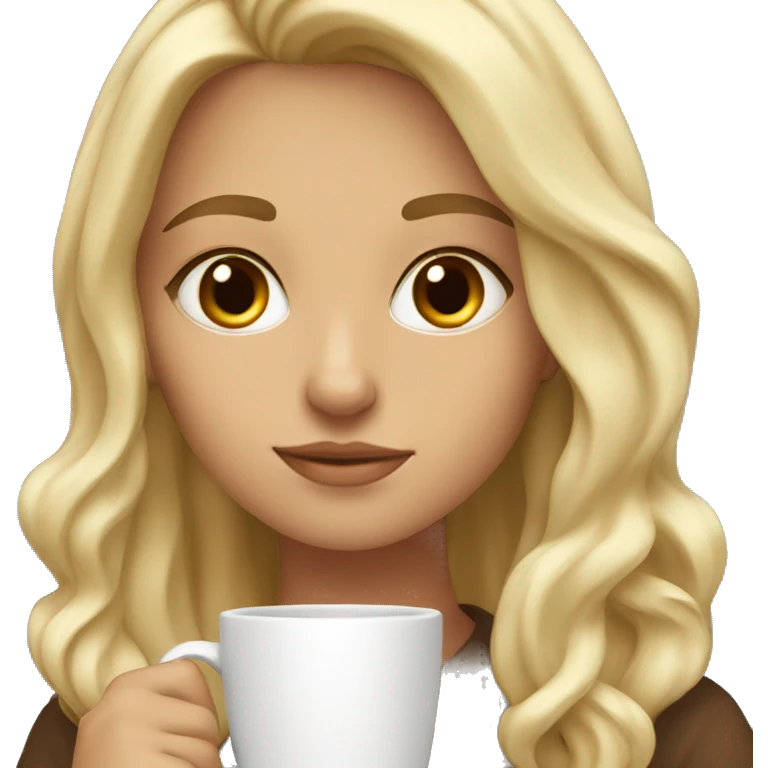 blonde girl with brown eyes studying with a coffee emoji