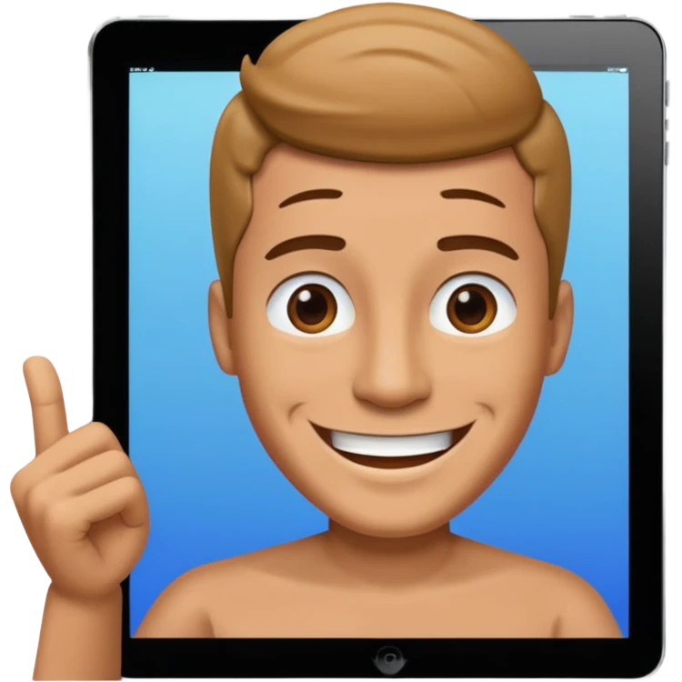 An iPad. On the iPad screen, a video is playing. The video shows a man talking to camera.  emoji