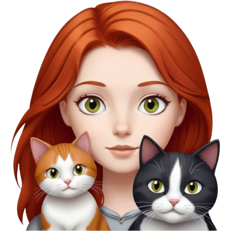 red haired girl grey eyes with black and white cat emoji