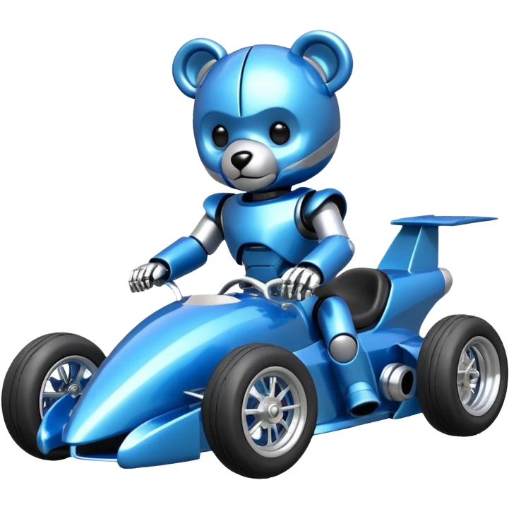  Metallic blue and lightly chrome-accented  kid-sized race car for scary robot teddy bear with custom aero body and rear wing and motorcycle-sized wheels  emoji