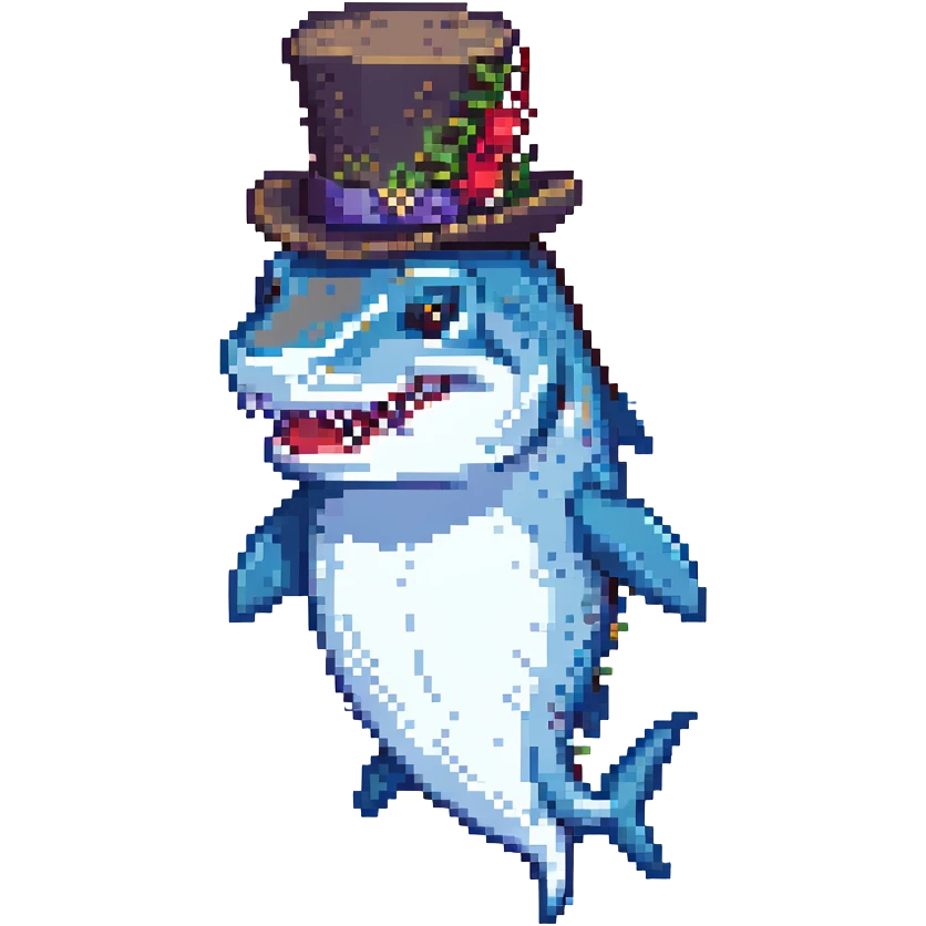 pixel art shark wearing a tophat emoji