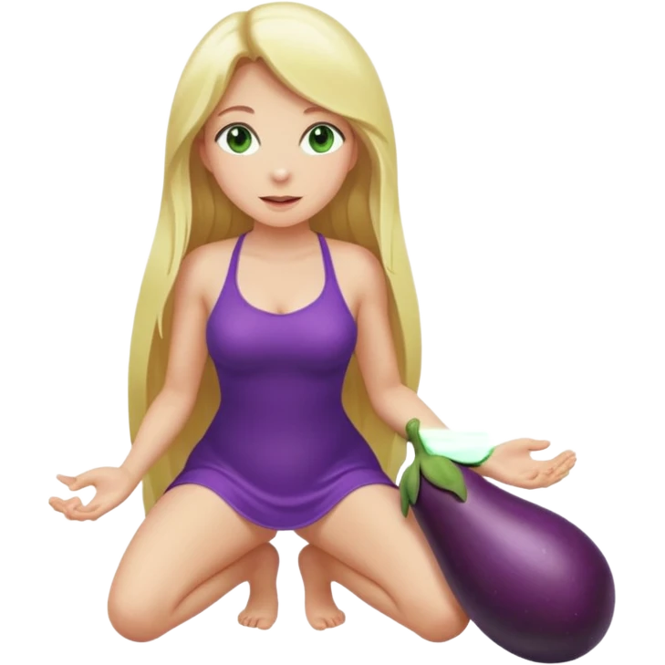 Naked woman tits out long blonde hair green eyes full body no clothing kneeling eggplant in hand emoji