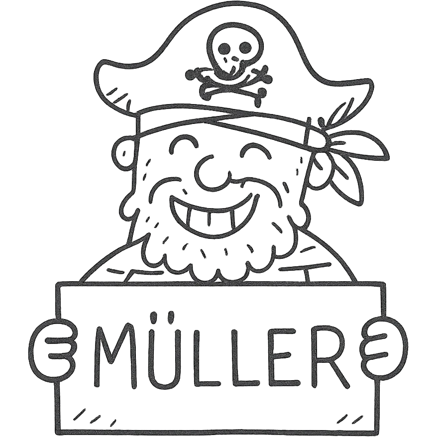 a smiling pirate showing a sign with the word MIULLER, hand drawn style, funny details, white background emoji