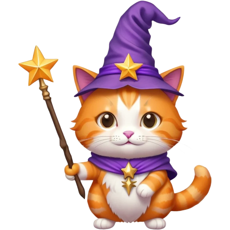 Orange cat wearing a purple wizard hat and holding a magic wand with a star at the tip emoji