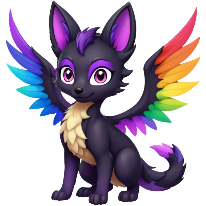 Cartoon female black Fox dragon hybrid purple eyes with rainbow colored wings face front full body emoji