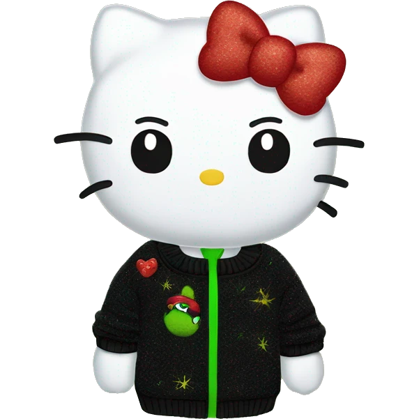 Hello kitty wearing black sweater with a glittery grinch embroidered on the sweater emoji