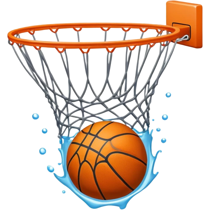Basketball with net creating a splash effect as ball goes through, water-like net, iOS emoji style emoji