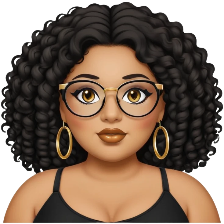 big plus size, latina, darker tan skin, gold hoops, long black curly hair, baddie,pretty, makeup, lipgloss, black eyeliner, long hair, black top, black glasses emoji