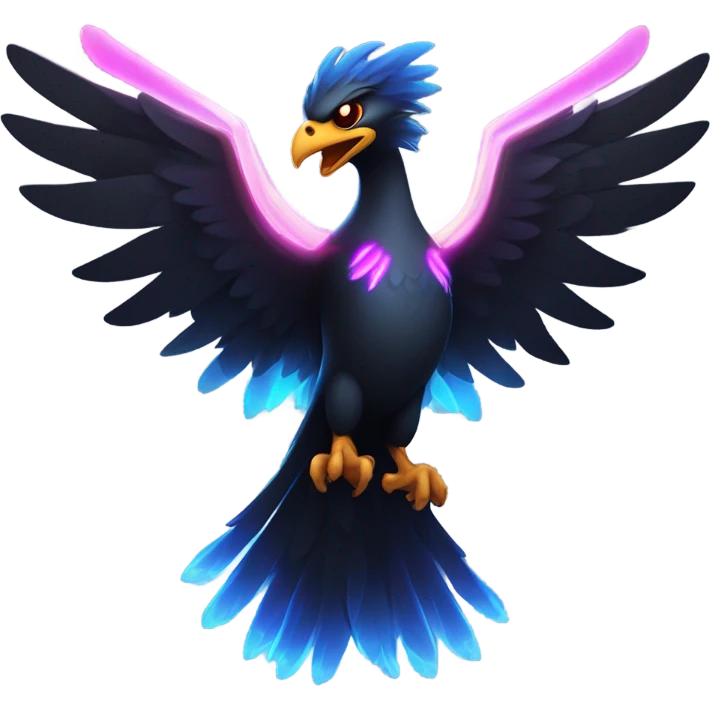 Cartoon-style black phoenix, shoulder-up, aggressive expression, dark muted colors, holding glowing neon light sticks (blue and pink) in wings, party theme, optimized for Twitch emote sizes, no background emoji