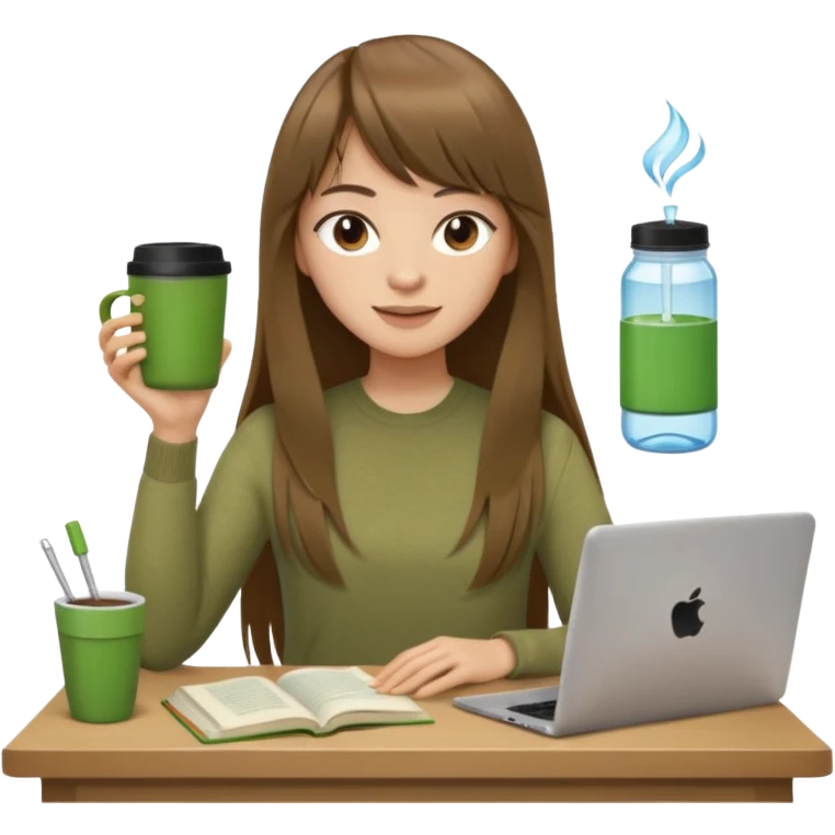 a designer with light skin long brown hair bangs waving, stack of books, coffee cup on top, water bottle, computer, matcha, no glasses emoji