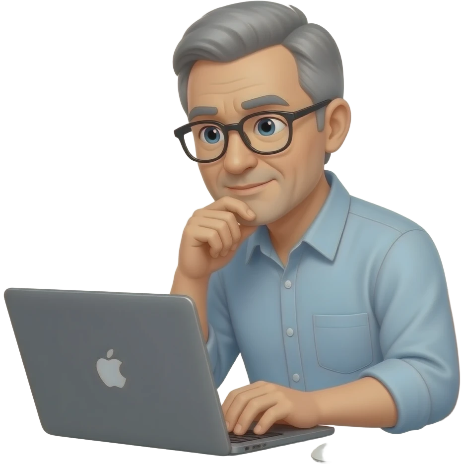 A 65-year-old man who is always thinking and working on the computer; he wears glasses and has very short hair emoji