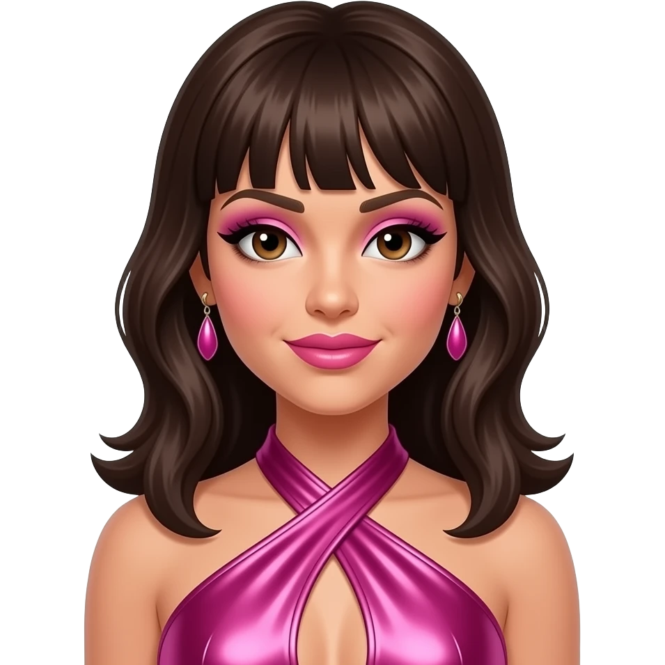 Jessica Sutta from The Pussycat Dolls with hazel eyes, long dark brunette bang hair, pink eyeshadow and lipstick, hot pink metallic halter dress, earrings emoji