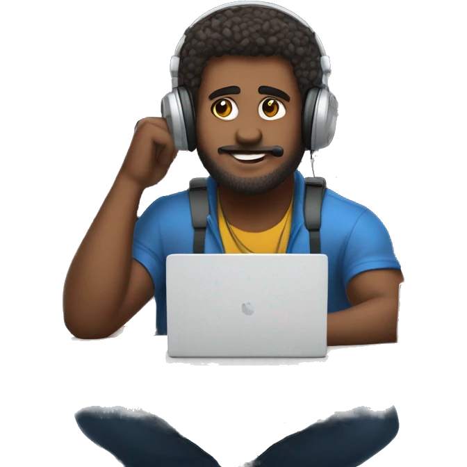 support team with his headphones on behind his laptop, resting on the desk emoji