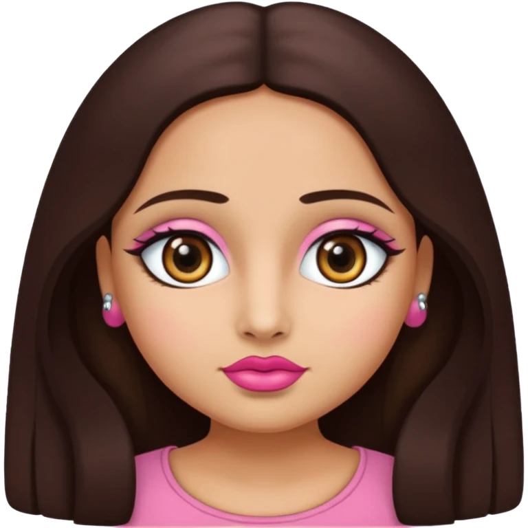 Gordita, ojos pequeños de color cafe oscuro, labios pequeños y rosados, piel trigueña, orejas pequeñas, cabello largo lazio y negro, pequeña. cuerpo completo emoji