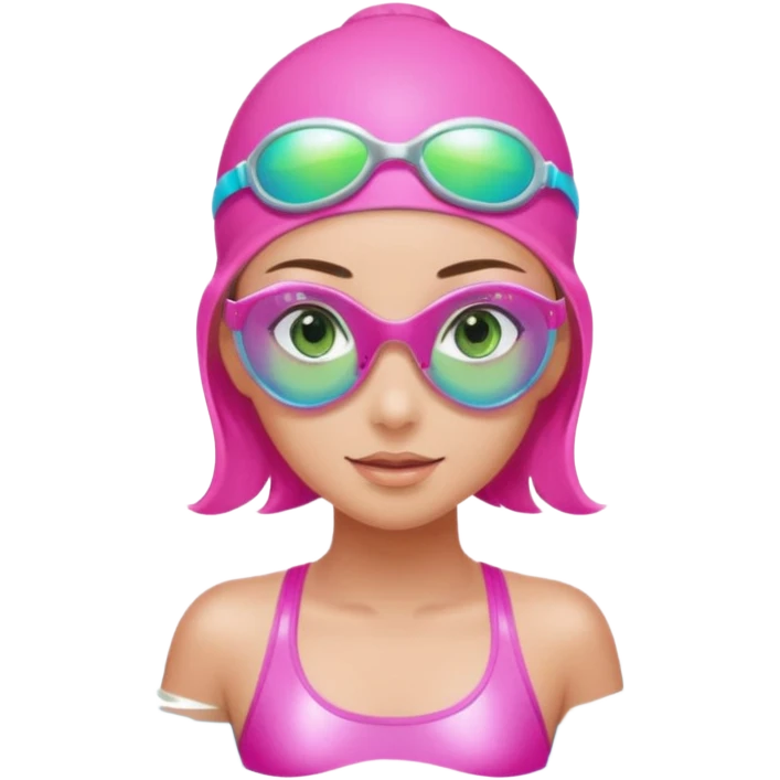 pretty girl with green eyes pink swim cap holographic swimming glasses and cute profesional swimmer pink swimsuit without her hair visible emoji