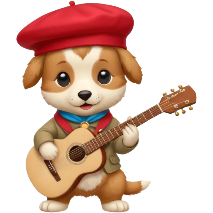 Steampunk:a very cute and adorable anthropomorphic puppy with a red beret is playing an acoustic guitar emoji