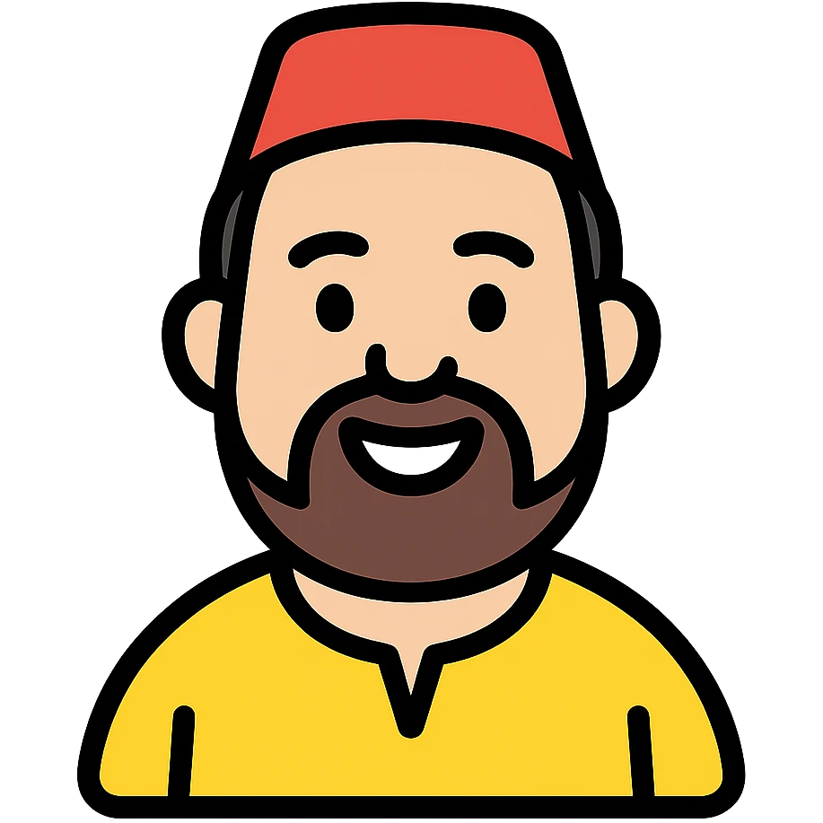chubby Lebanese man with a goatee and short hair, smiling, color outline icon style emoji