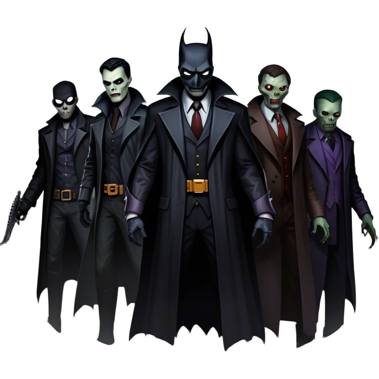Icon for Thriller Movies: A large, dramatic collage featuring sinister villains and zombies in dark clothing. The background shows the gloomy cityscape of Gotham with dim lighting and eerie shadows. The atmosphere should be tense, mysterious, and suspenseful. Transparent background. emoji