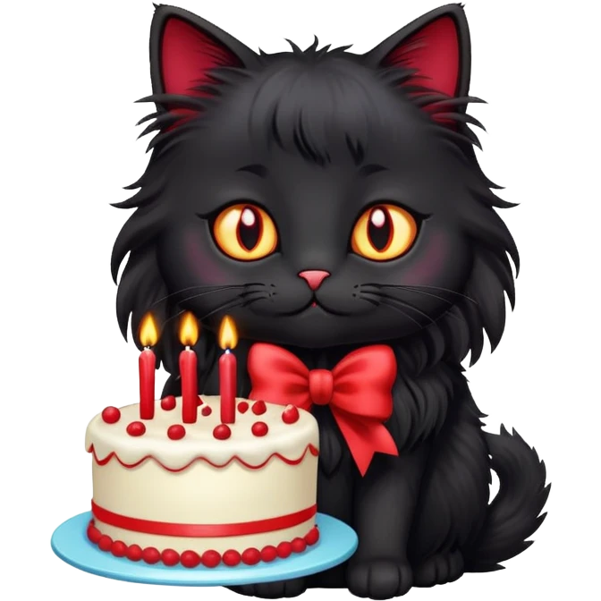 Long haired black cat with birthday cake emoji
