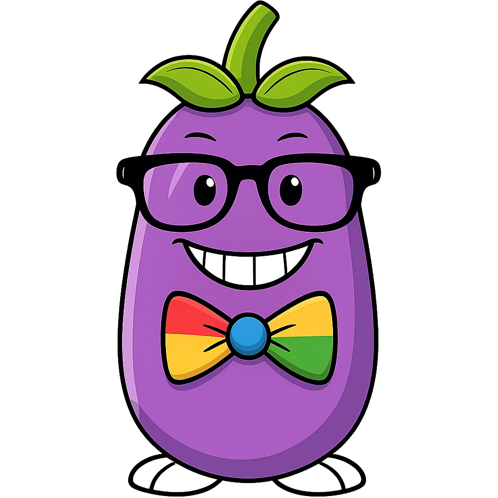 Add a colorful bow tie to the eggplant with nerdy glasses and goofy teeth, keep the background transparent. Maintain the original style and transparent background. emoji
