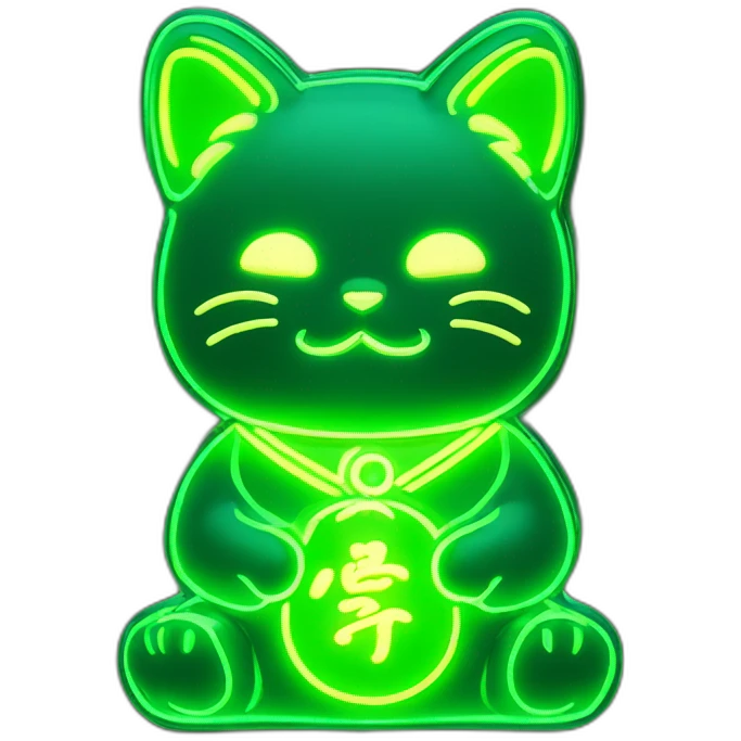 maneki neko 3d in the form of green neon sign emoji