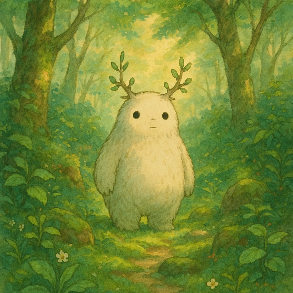 whimsical forest spirit, detailed, soft colors, ghibli style, magical atmosphere emoji