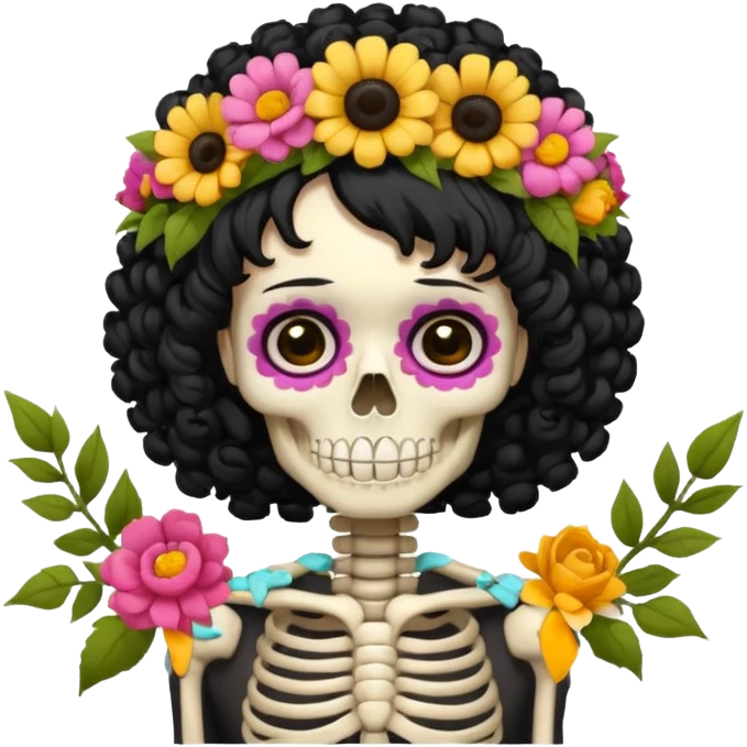 Skeleton with Flower Crown, curley hair black, with flower bouquet emoji