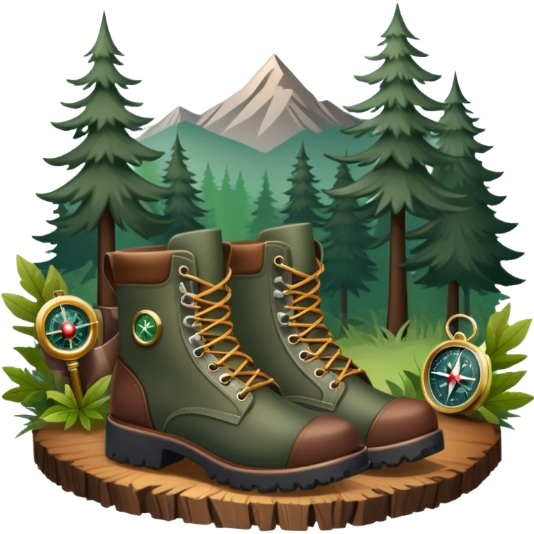 Icon for Hunting Tourism: a rifle, hunting boots, and a compass on a forest background, with a silhouette of wildlife in the distance. The icon should capture the adventure and connection with nature in hunting tourism. Transparent background. emoji
