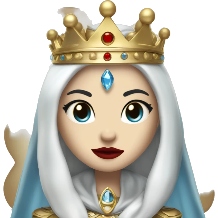 Queen with pale white skin, evil stare, icy blue eyes, bright red lips, long black hair, gold crown, and white robes. emoji