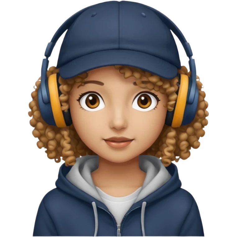 curly haired with headphones in and hoddie girls with cap emoji