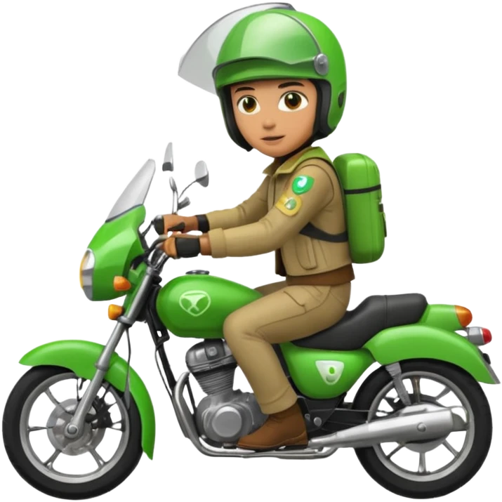 ojek online driver, using motorbike, the helmet is green emoji