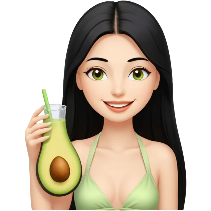 Long black hair with no bangs, very straight hair, pretty face. Wearing white plain halter top. Blushed cheeks, long lashes, nude glossy lips. One eyes with wink. One hand with avocado juice. emoji
