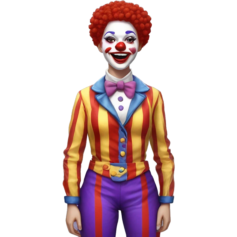 JoJo Tickle (Jojo's circus) female clown white skin, clown red nose, red hair, short hair, blue barret with covered red pompom, yellow shirt with covered paint splatters purple and blue pattern, red pants with orange stripes and white red big shoes emoji