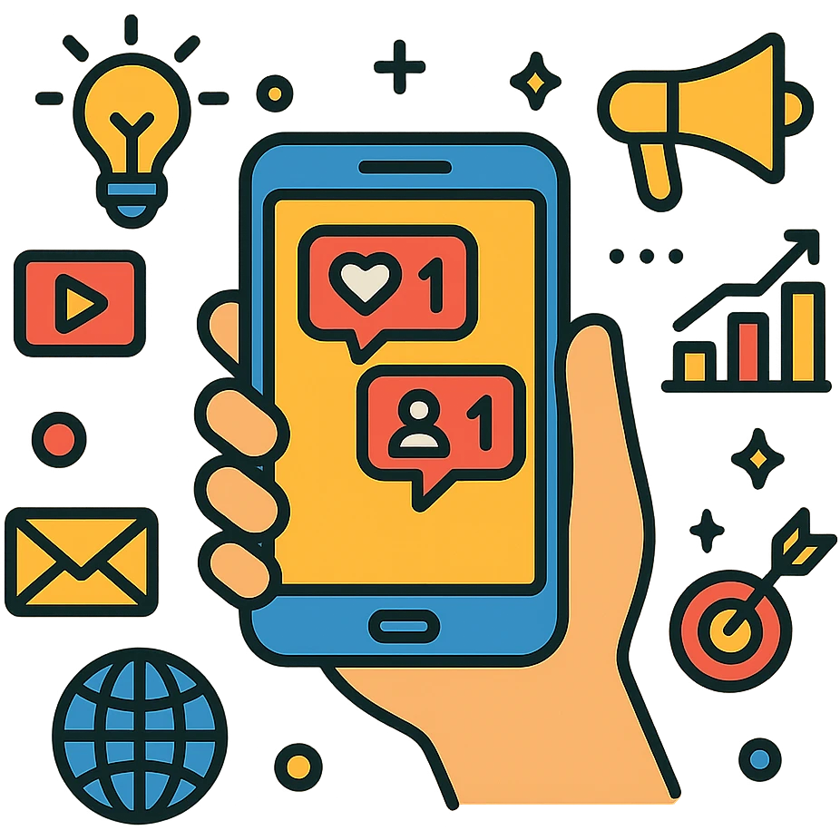 hand holding smartphone displaying social media notifications with background of digital marketing symbols, bold eye-catching style emoji
