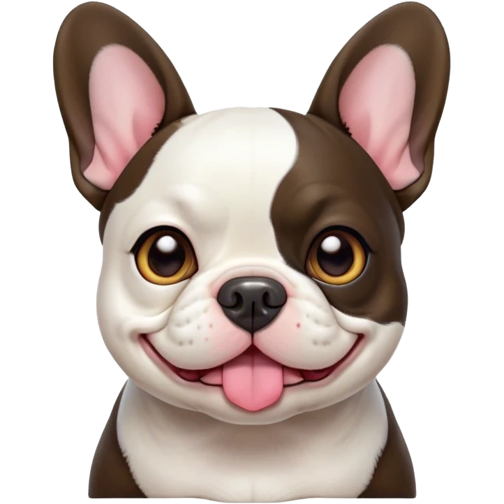 Cinematic Cute Pied French Bulldog Portrait Emoji, Head tilted with a sweet, mischievous grin and large, inviting eyes, featuring a unique pied fur of contrasting colors, simplified yet irresistibly endearing, highly detailed, glowing with a warm, playful radiance, high shine, exuding a quirky charm and affectionate personality, styled with a soft, lighthearted outline, capturing the essence of a cute Pied French Bulldog that looks ready to charm its way into your heart! emoji