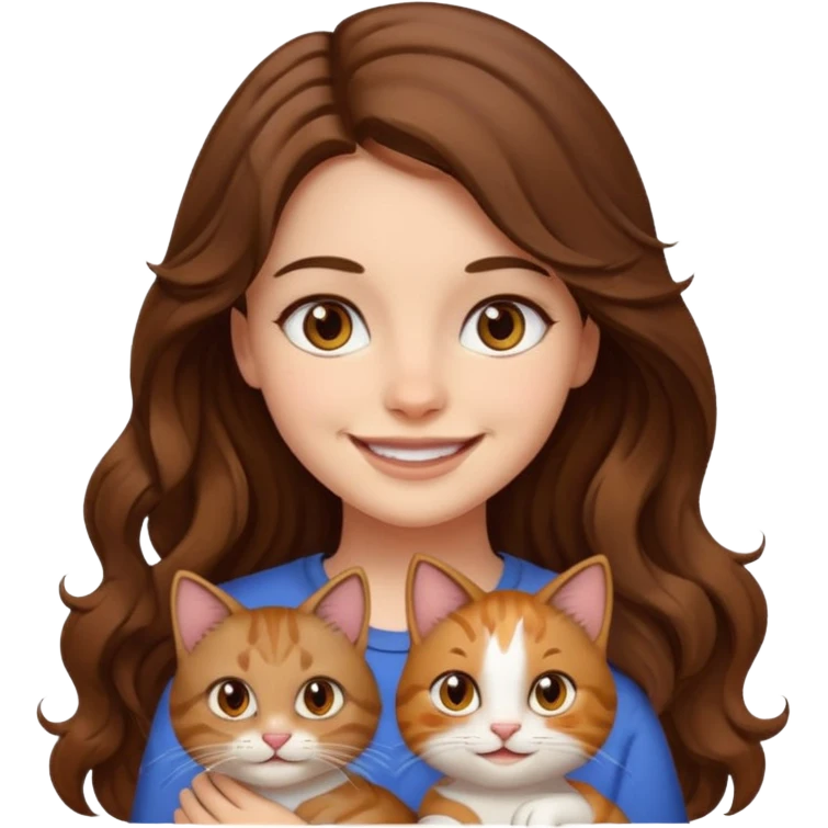 a girl with long wavy brown hair and brown eyes smiling with a cat beside her, emoji style emoji
