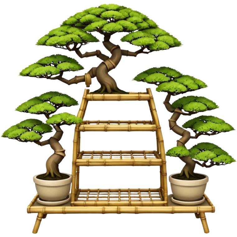 Wide Three tiered bonsai planters stand, shelving holding nine specimens, frame made of one inch thick bamboo  emoji