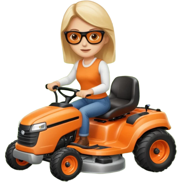 White woman on orange ride on lawn mower cutting lawn emoji