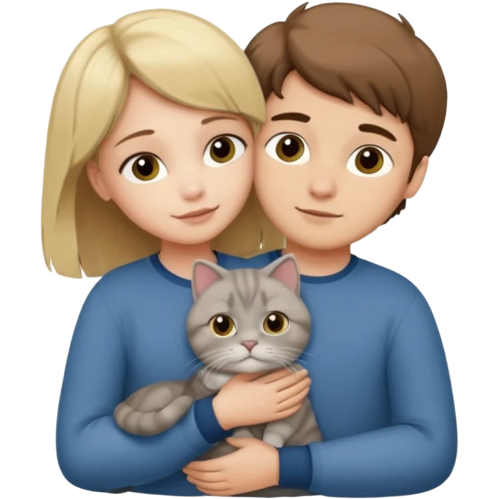 Blonde girl and brown Hair boy in love hugging a grey scottish fold cat emoji