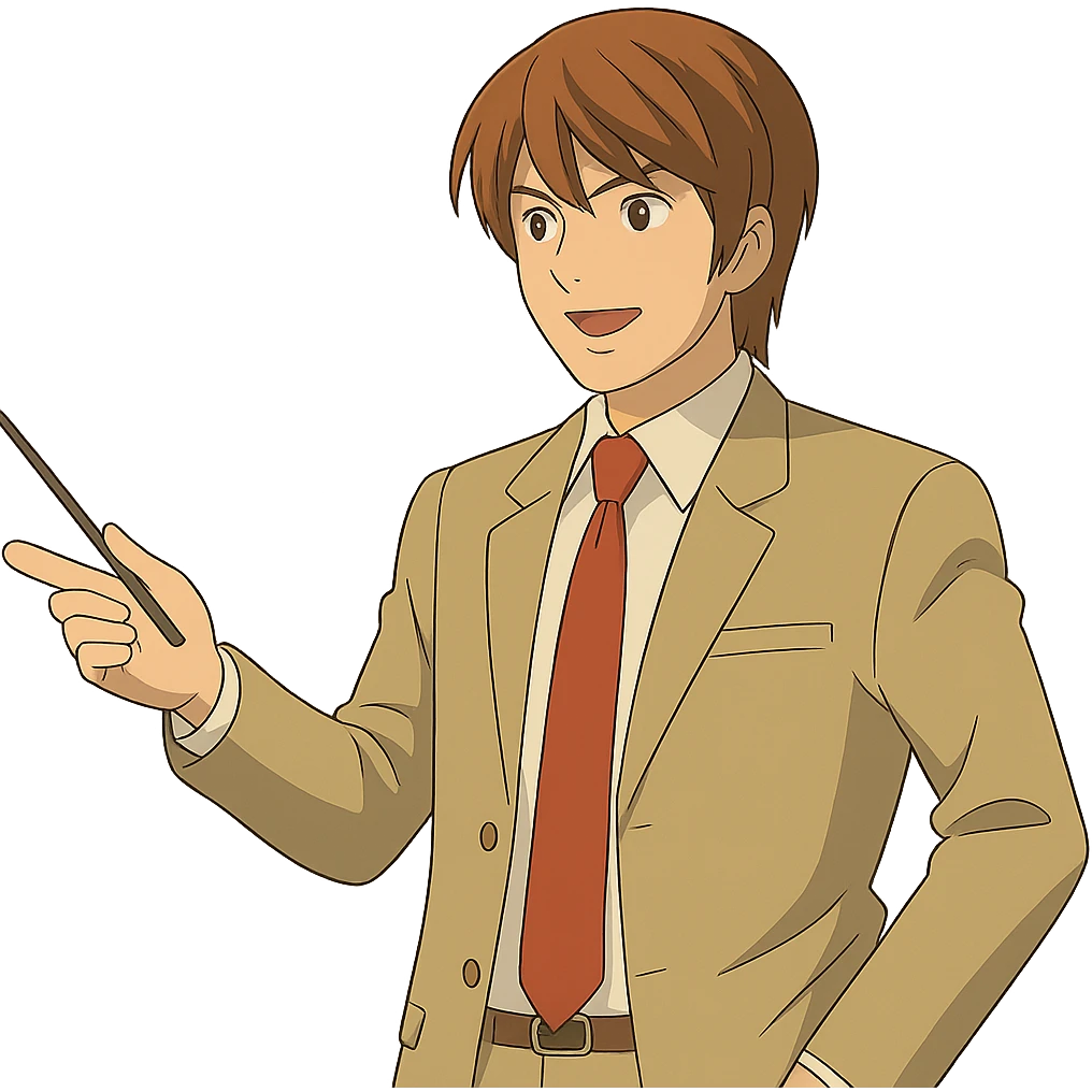 Light Yagami in Ghibli style, standing and pointing a teacher's stick to the left, confident expression, transparent background. emoji