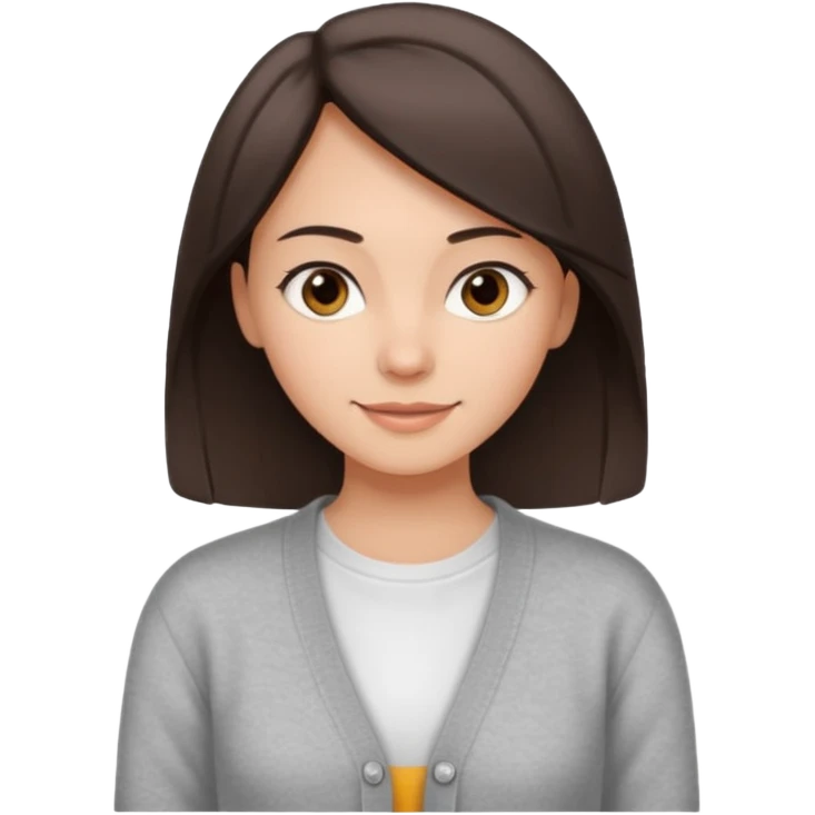 The girl has straight medium-length dqrk brown hair, light skin, wearing a white t-shirt and gray cardigan. Gentle smile, friendly neutral expression emoji