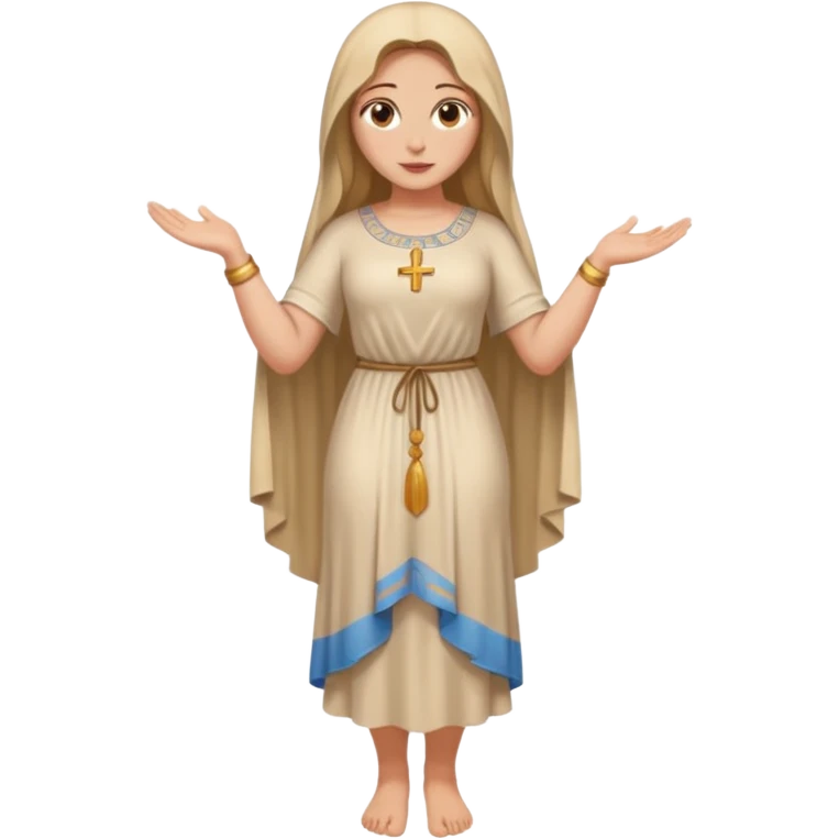 fullbody Mary Magdalene, buxom and fit figure, very pretty detailed face, plain light tan dress, arms down pose, emoji style emoji