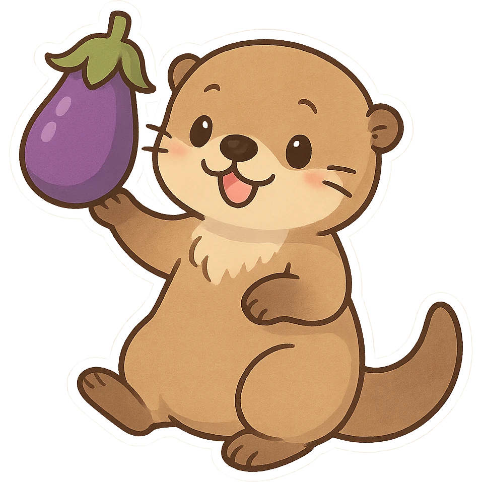 sea otter balancing an eggplant, fun and whimsical, chibi stickers style, playful expression emoji