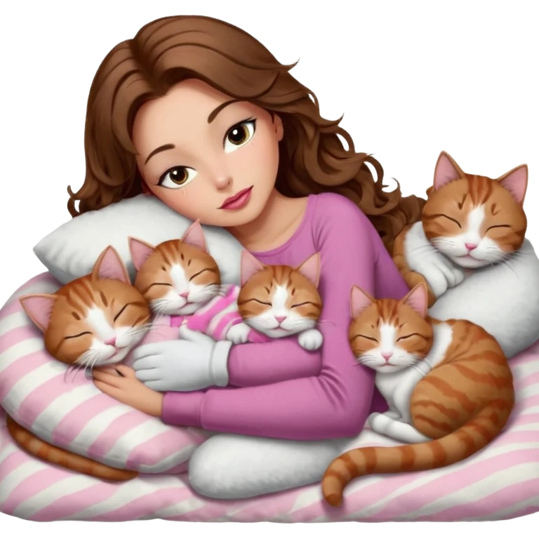 girl with long wavy brown hair, brown eyes, long lashes makeup, sexy pink lips, light to medium complexion,  sleeping on a cozy pillow, with 6 cats: 1 brown and white tabby cat, 1 ginger and white, 2 grey and white, 1 grey with white mittens and small white patch on chest and 1 calico, sleeping emoji