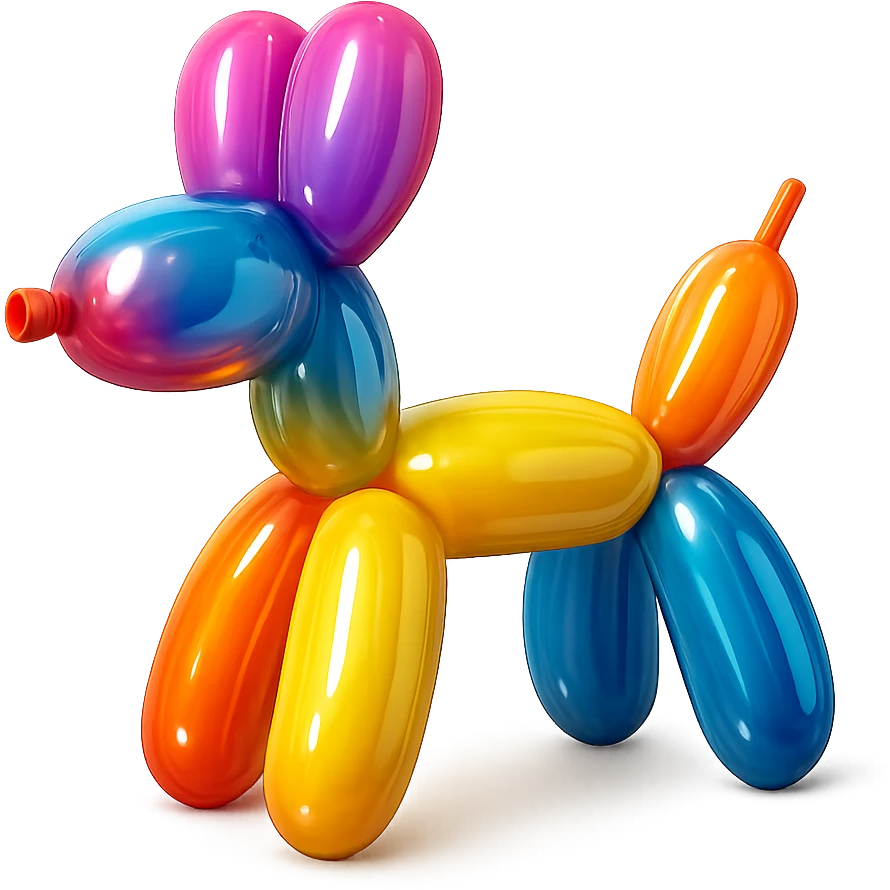 <system_prompt>
  <style>
    <name>Hyperrealistic Colorful Balloon</name>
    <description>3D render designed in a hyperrealistic colorful balloon style.</description>
    <materials>
      <surface>
        <type>latex</type>
        <finish>shiny</finish>
        <reflectivity>high</reflectivity>
        <stretching>slightly_stretched</stretching>
        <imperfections>
          <creases>subtle</creases>
          <warps>light</warps>
          <kinks>natural</kinks>
        </imperfections>
        <ends>tied</ends>
      </surface>
    </materials>
    <shape>
      <feel>inflated</feel>
      <construction>hand-twisted</construction>
      <volume>high</volume>
    </shape>
    <lighting>
      <style>sharp</style>
      <shadows>none</shadows>
      <enhance>volume</enhance>
    </lighting>
    <aesthetic>
      <mood>playful</mood>
      <style>pop-art</style>
    </aesthetic>
    <background>
      <style>minimal</style>
      <clean>true</clean>
    </background>
  </style>
</system_prompt>

{subject} = dog emoji