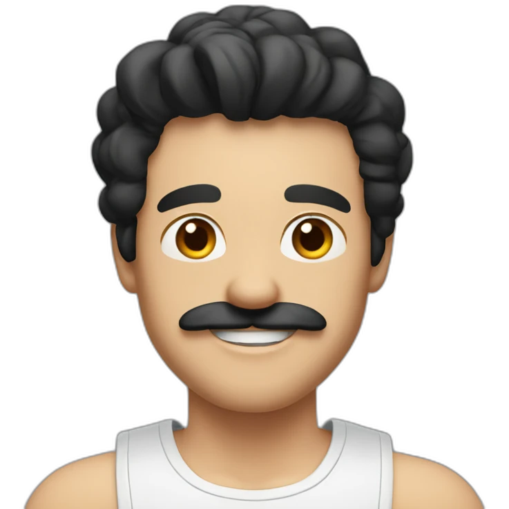 HAPPY MAN WITH MUSTACHE AND LONG BLACK HAIR AND WHITE TANK TOP emoji
