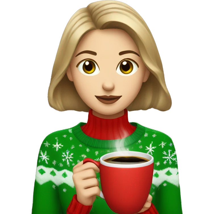 Light brown short haired girl with green eyes drinking coffee wearing red Christmas sweater emoji