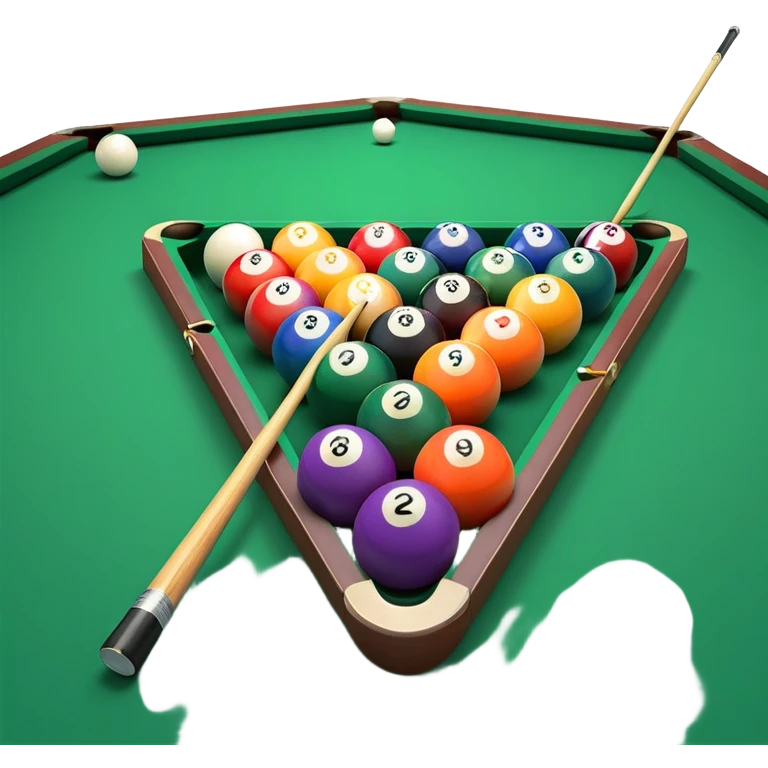 A close-up of a billiard table with a cue stick lined up to strike a colorful set of balls. The focus is on the precision of the shot, with the table’s green surface and the triangular arrangement of balls, creating a dynamic scene of strategy and concentration in the game of billiards. emoji