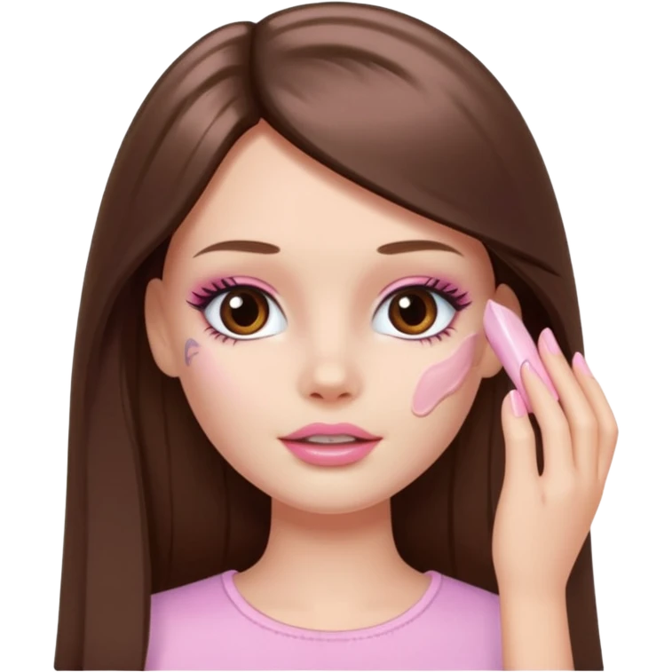 Barbie girl a brown long Straight hair and brown eyes is In pale pink smears by hand cosmetic cream on her face emoji